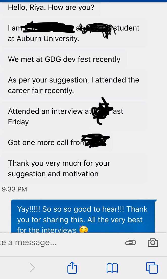 Message screenshot of someone who texted me about how my tips helped with their job search
