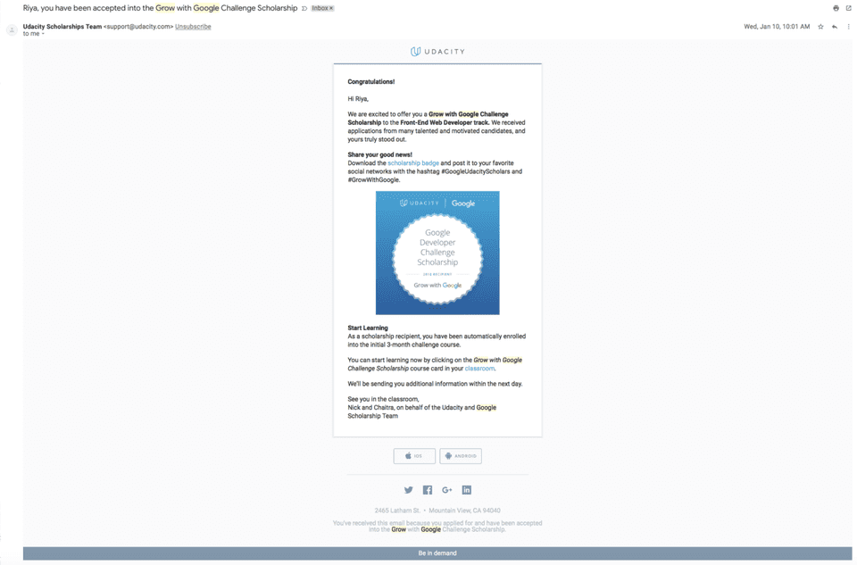Udacity's invitation email for grow with google challenge